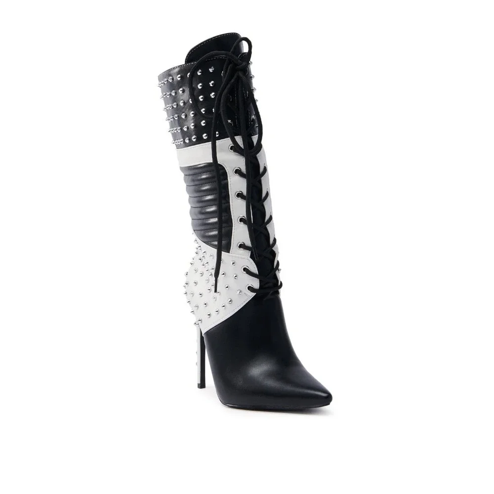 Azalea Wang Studded Lace Up Mid Calf Boots Black White Stiletto Heel Statement
